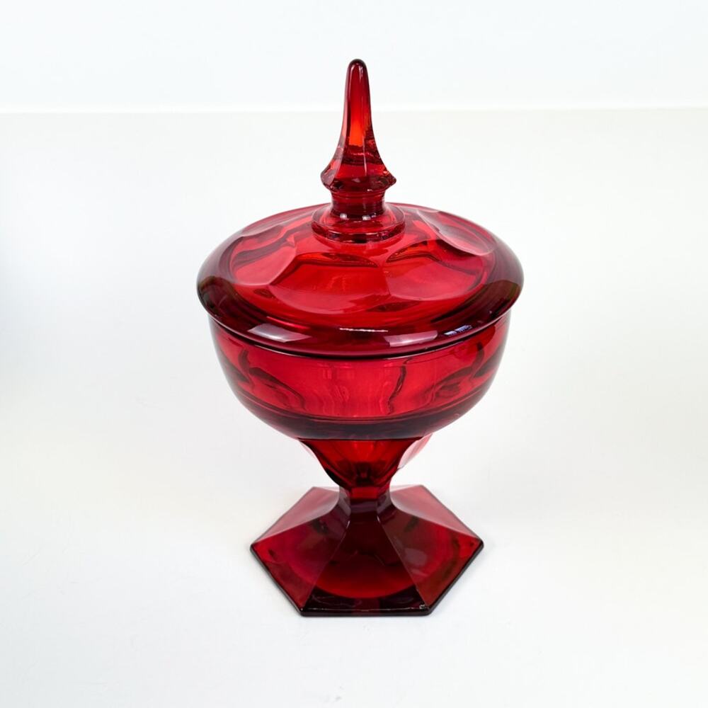 Fairy Jar Glass Candy Dish Tall Mid-Century Red